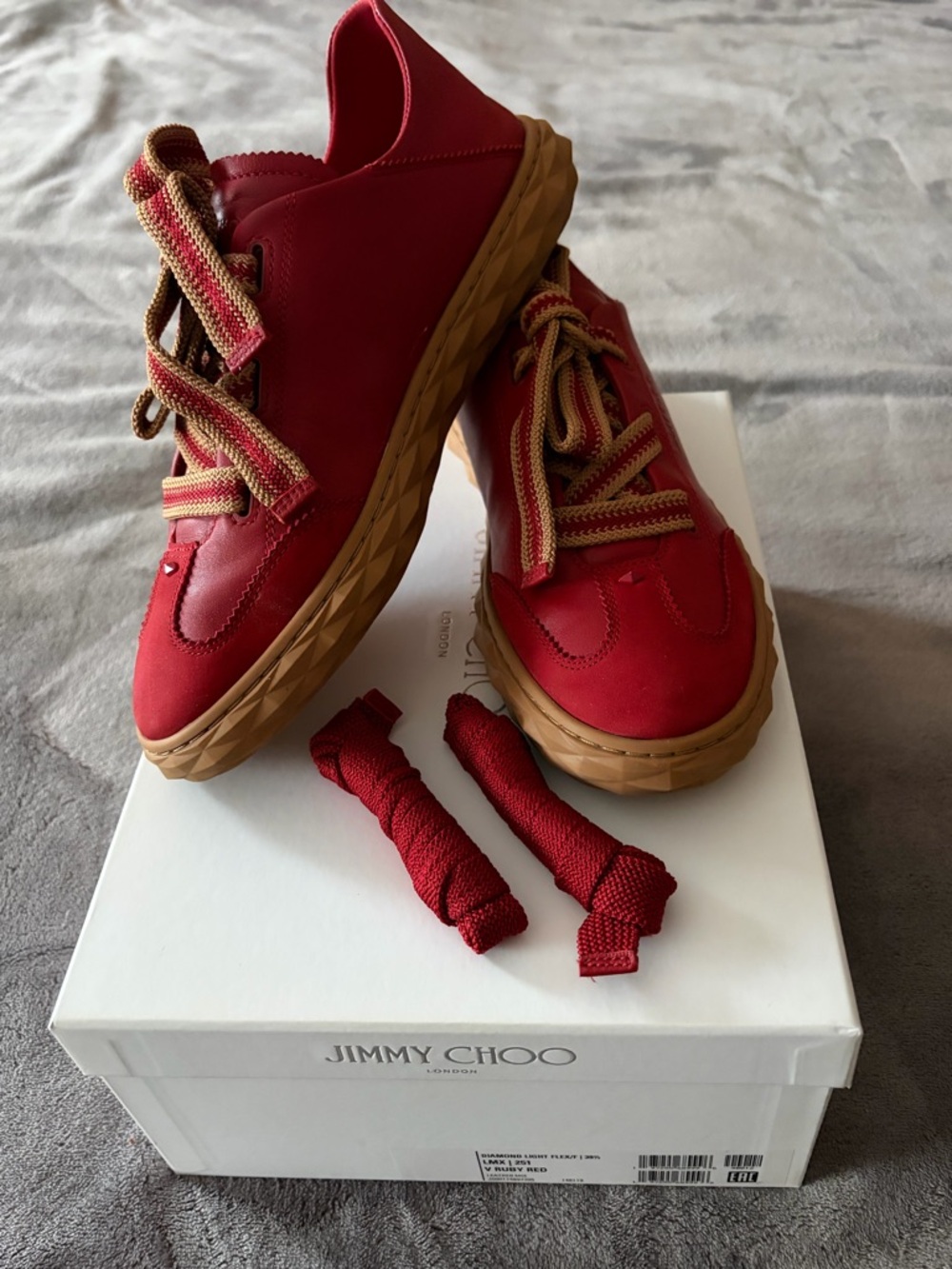 Jimmy Choo Red Low-Top Sneakers with Tan Gum Sole